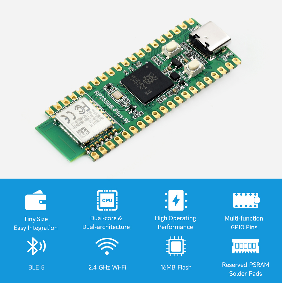 RP2350B Plus W Papan Pengemban - Raspberry Pi Kit ulasan dan harga